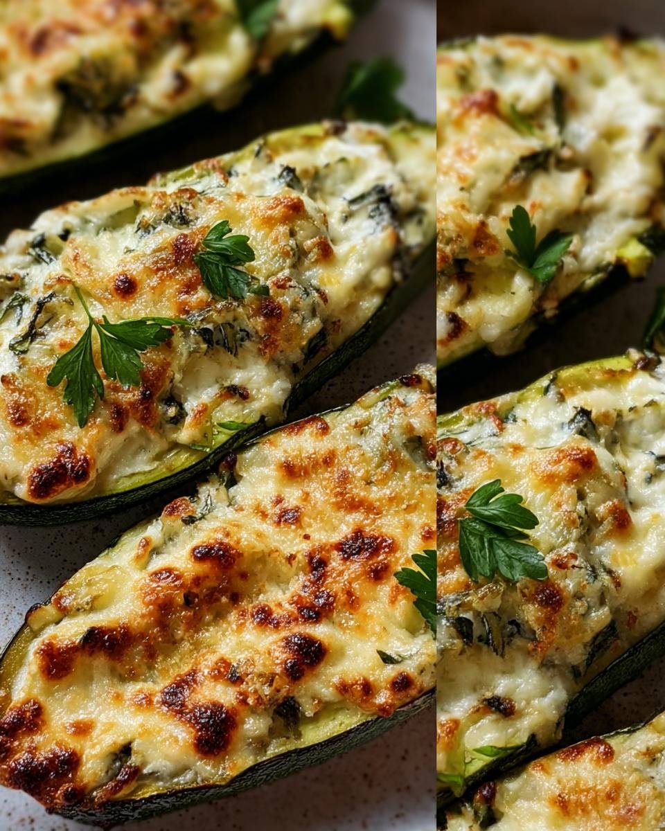 Close-up of Ricotta Stuffed Zucchini halves, baked with melted cheese and garnished with fresh parsley.