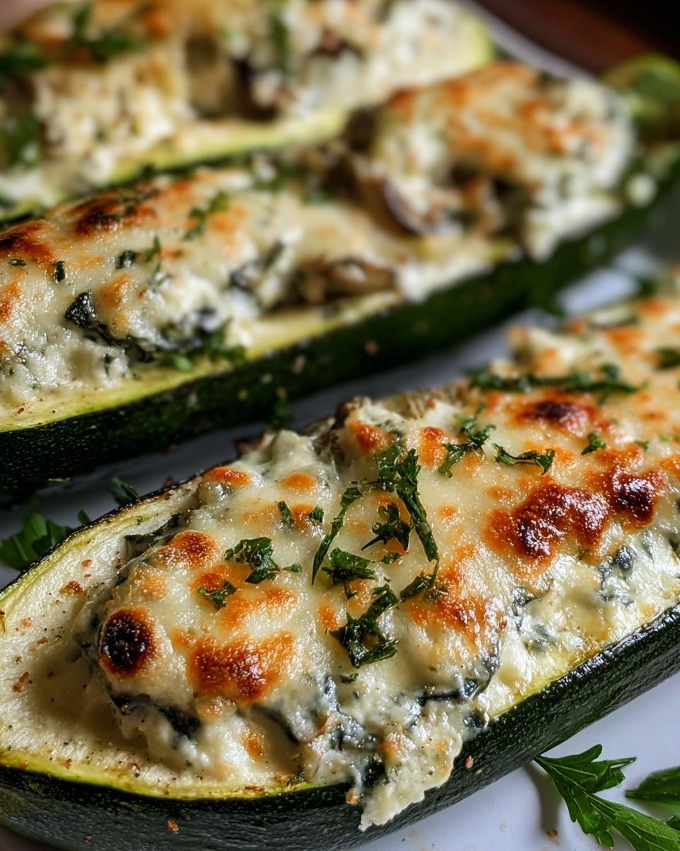 Close-up of Ricotta Stuffed Zucchini boats, topped with melted cheese and fresh herbs.