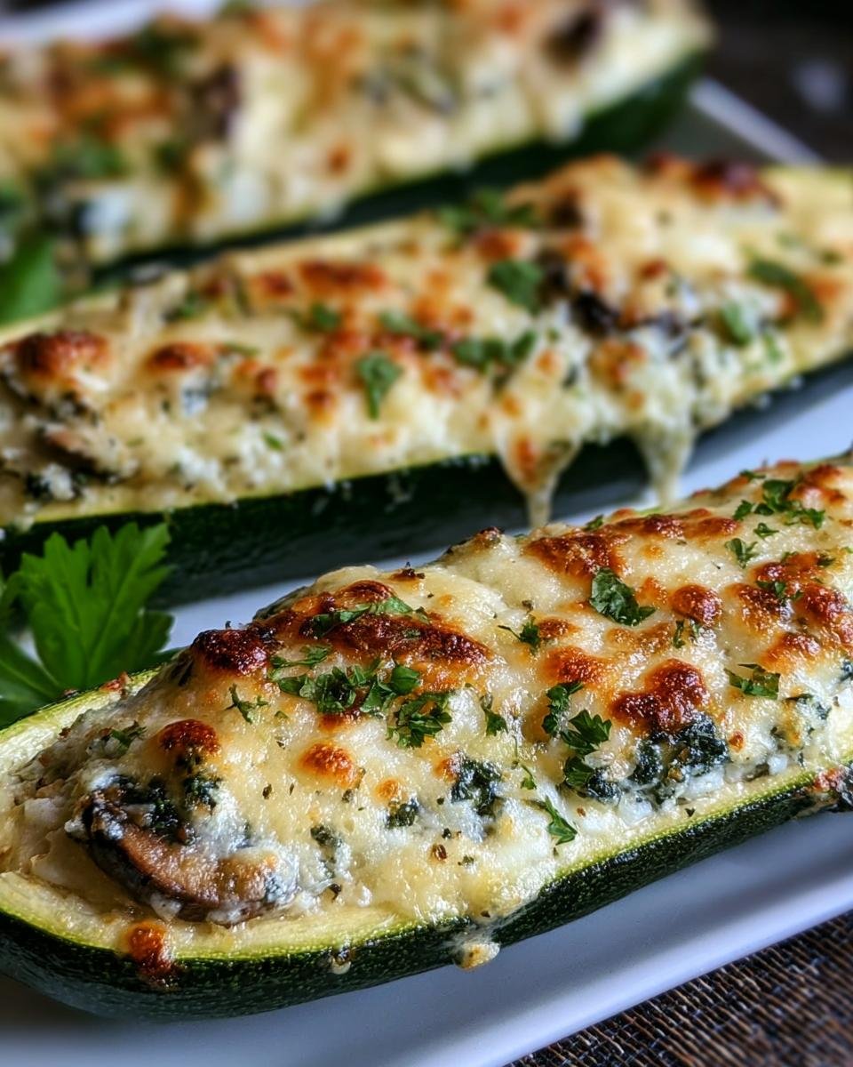 Three Ricotta Stuffed Zucchini boats, topped with melted cheese and fresh parsley, on a white plate.