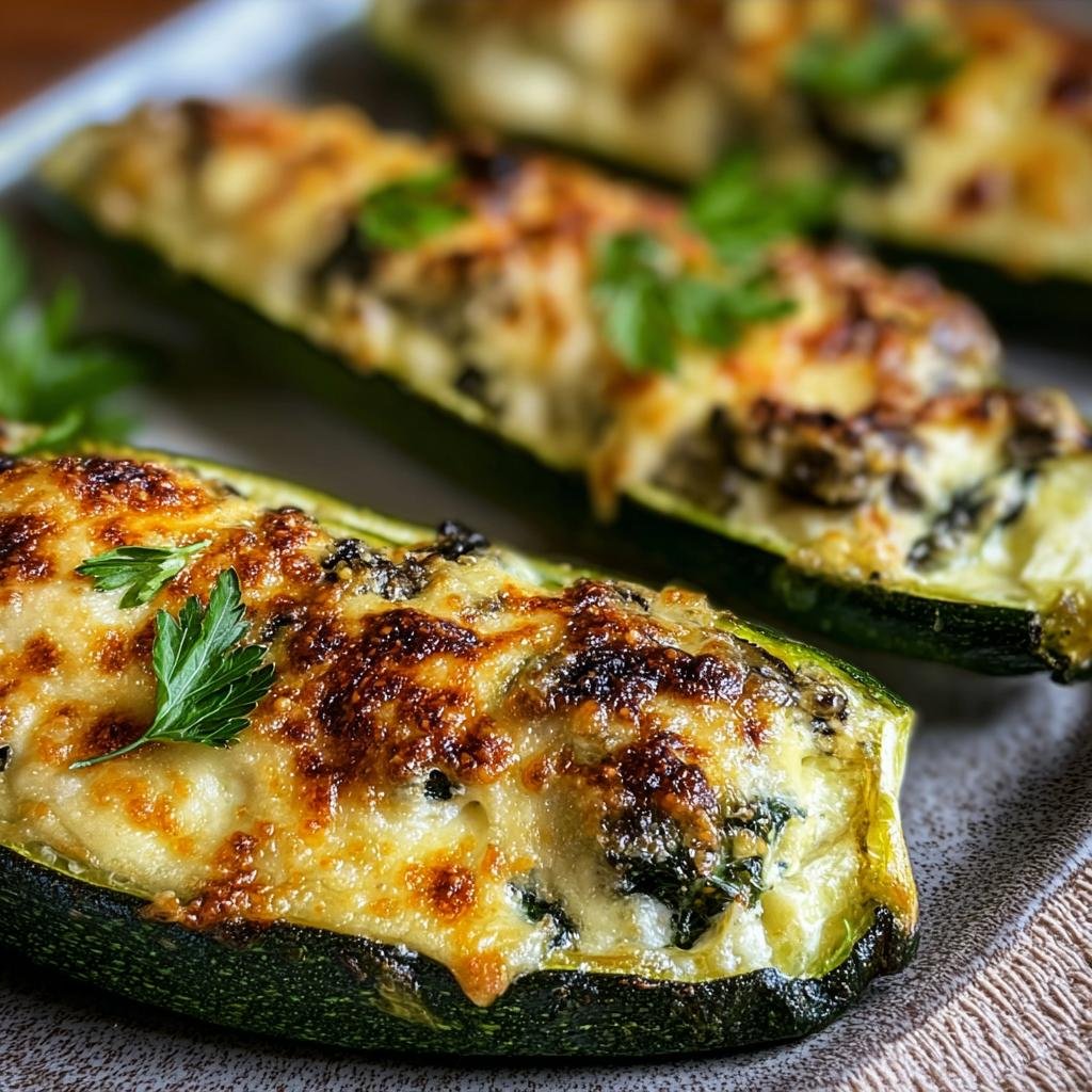 Close-up of Ricotta Stuffed Zucchini boats with melted cheese and parsley garnish.