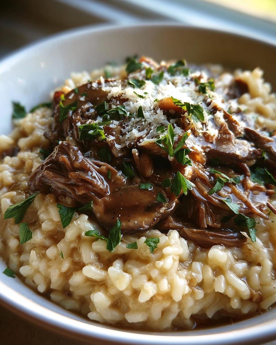 Close-up of a bowl of creamy risotto topped with tender roast, gravy, parmesan, and fresh parsley. Roast and Risotto.