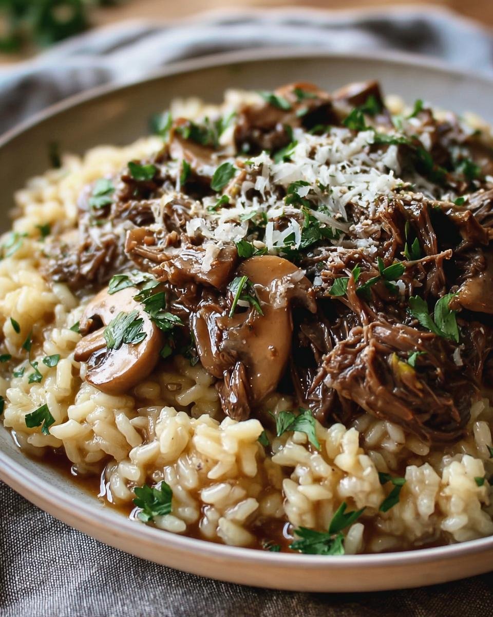 Close-up of Roast and Risotto dish topped with mushrooms, herbs, and parmesan cheese.