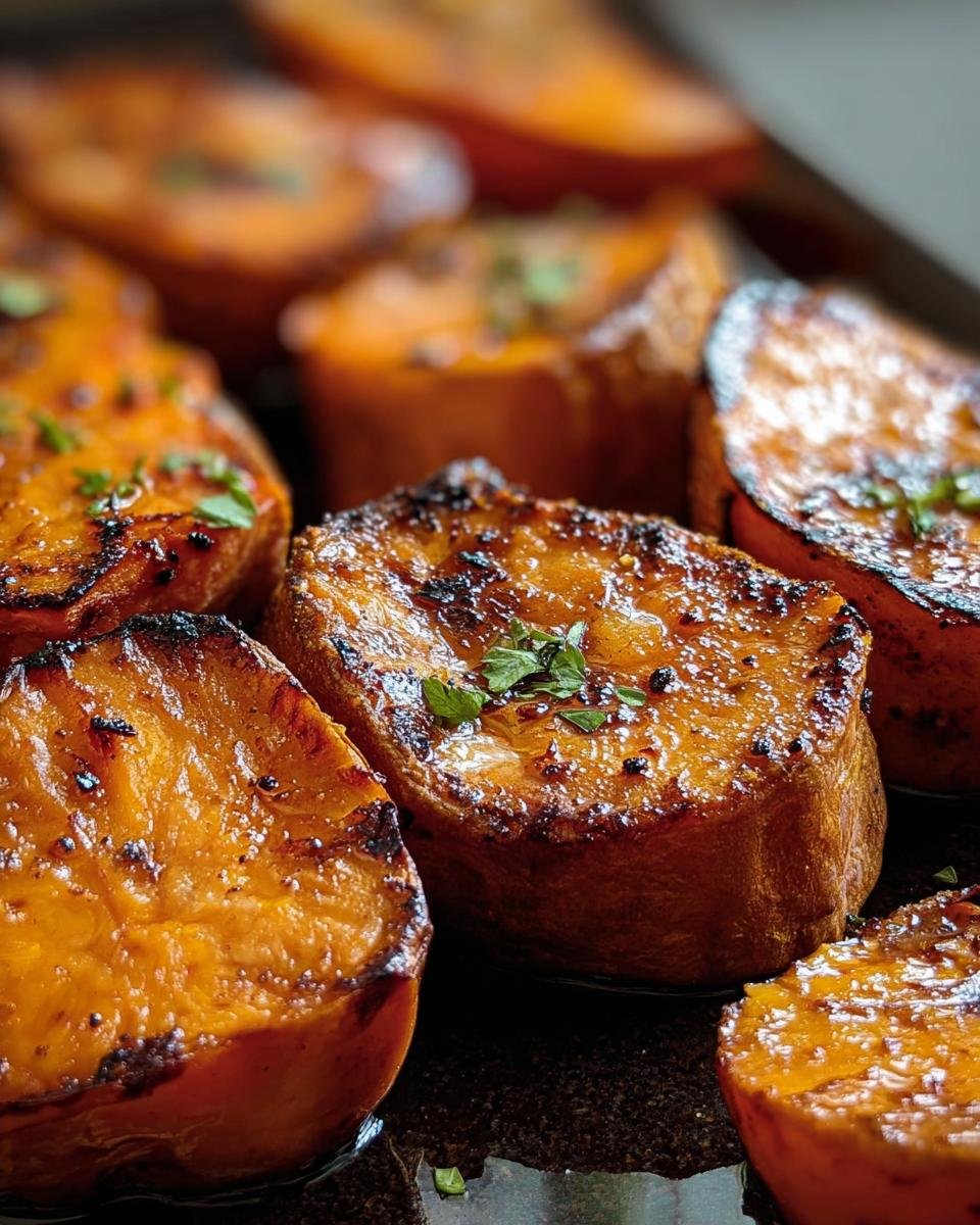 Close-up of glazed Roasted Sweet Potatoes, caramelized and garnished with fresh herbs.