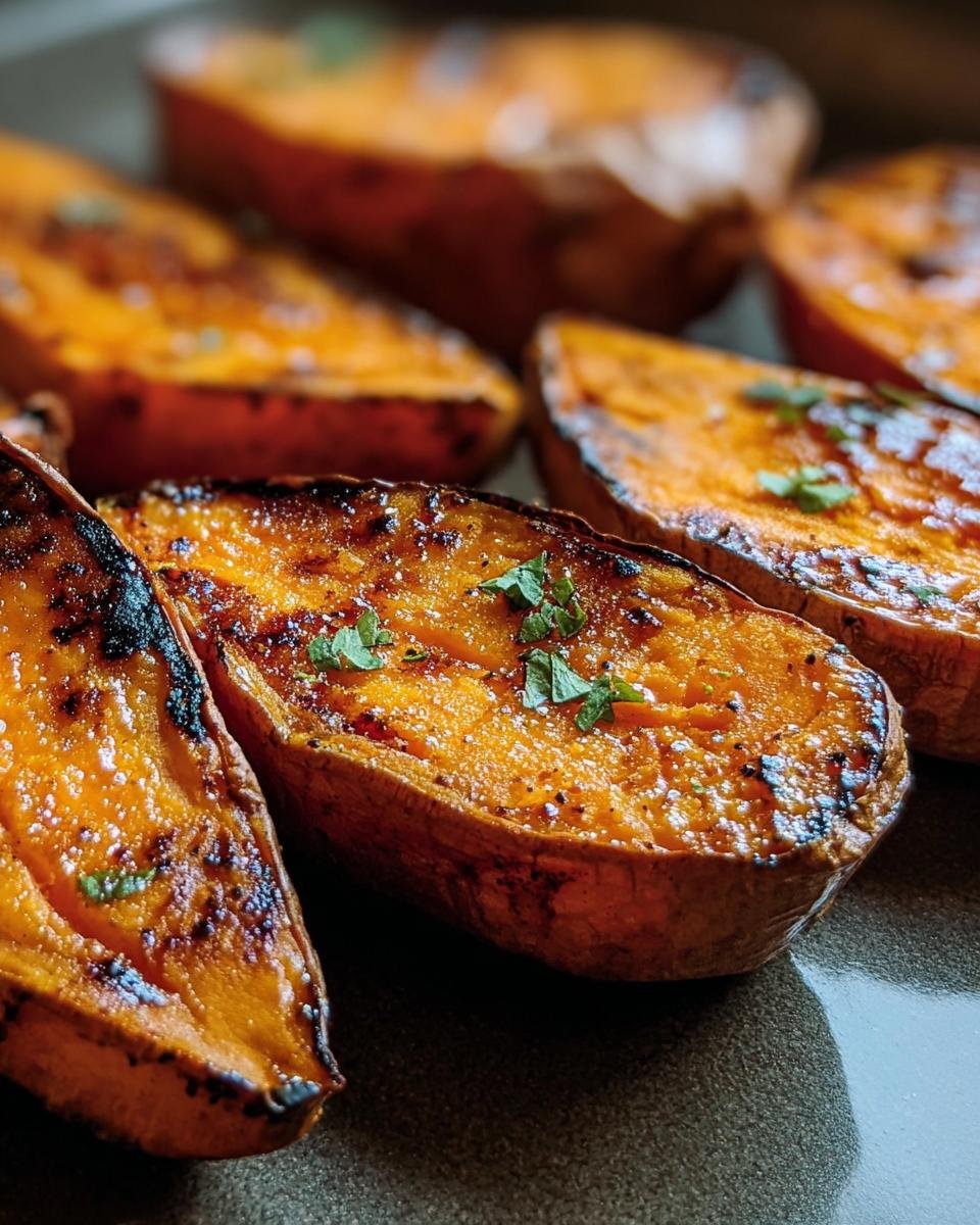 Close-up of Roasted Sweet Potatoes halves, garnished with fresh herbs on a dark plate.