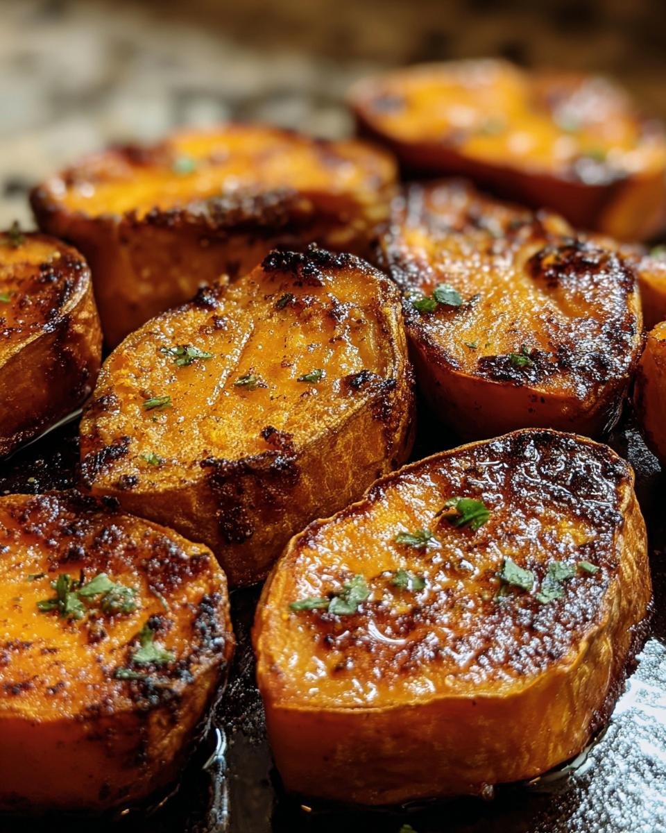 Close-up of glistening Roasted Sweet Potatoes with herbs, showcasing their caramelized texture and vibrant color.