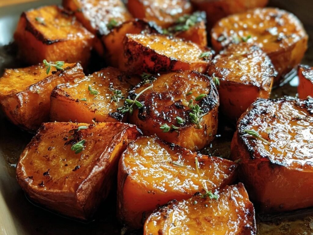 Close-up of golden brown Roasted Sweet Potatoes, garnished with fresh herbs on a dark tray.