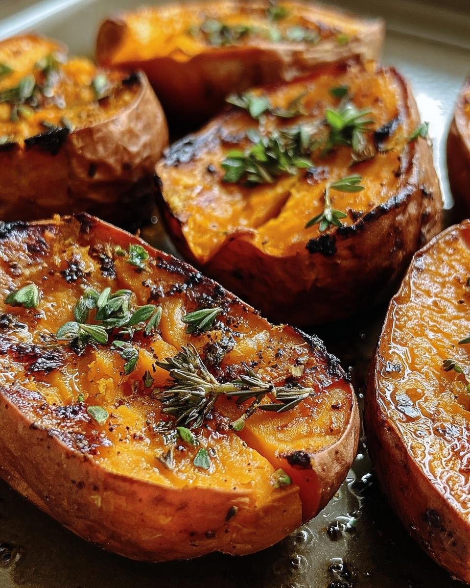 Close-up of Roasted Sweet Potatoes halves topped with fresh herbs on a baking sheet.
