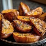 Close-up of roasted sweet potatoes on a plate, garnished with herbs. Ready to eat!