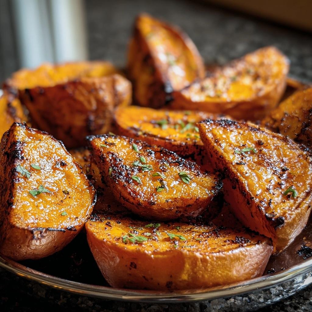 Close-up of roasted sweet potatoes on a plate, garnished with herbs. Ready to eat!