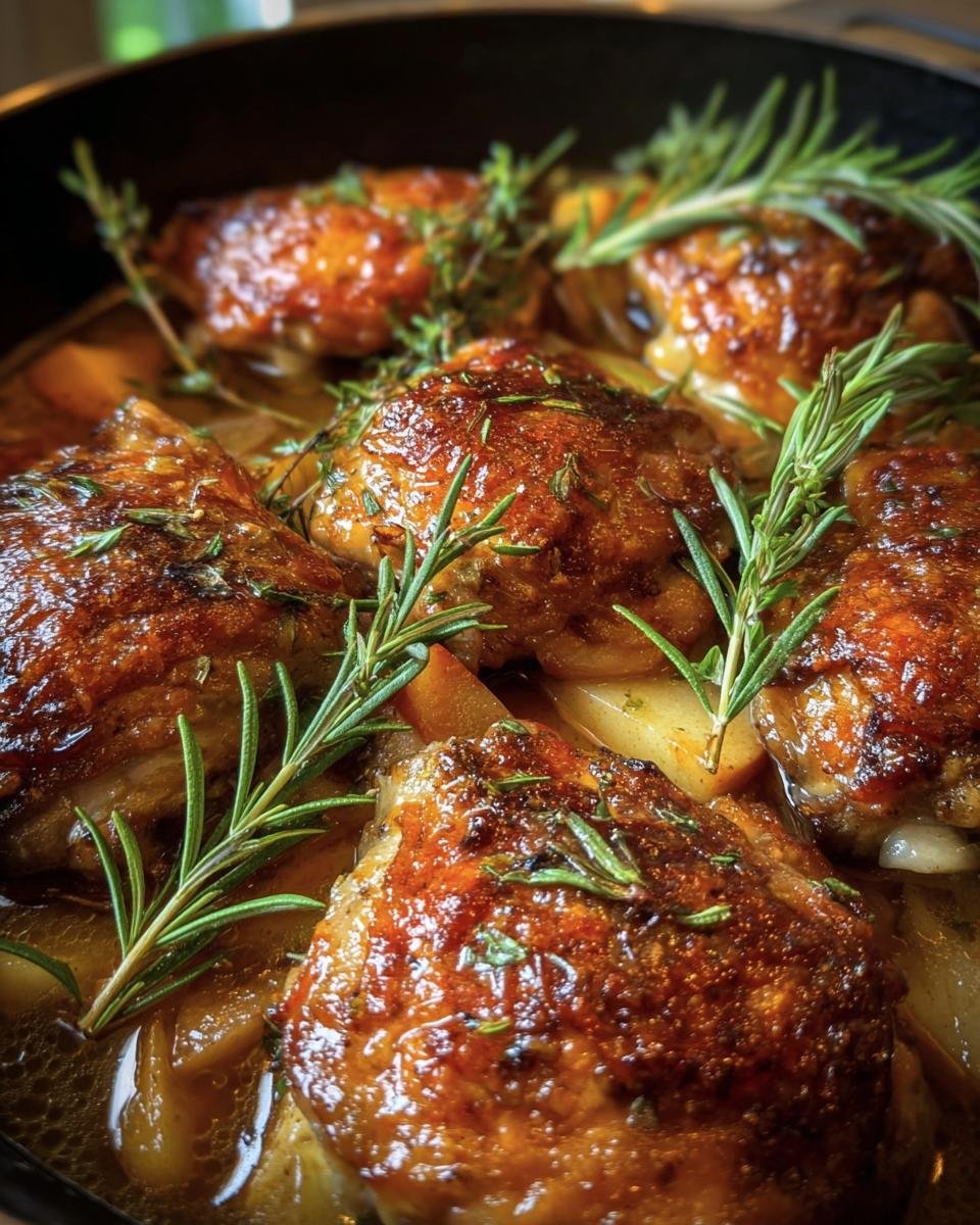 Close-up of Rosemary Apple Cider Chicken with crispy skin and fresh rosemary sprigs.