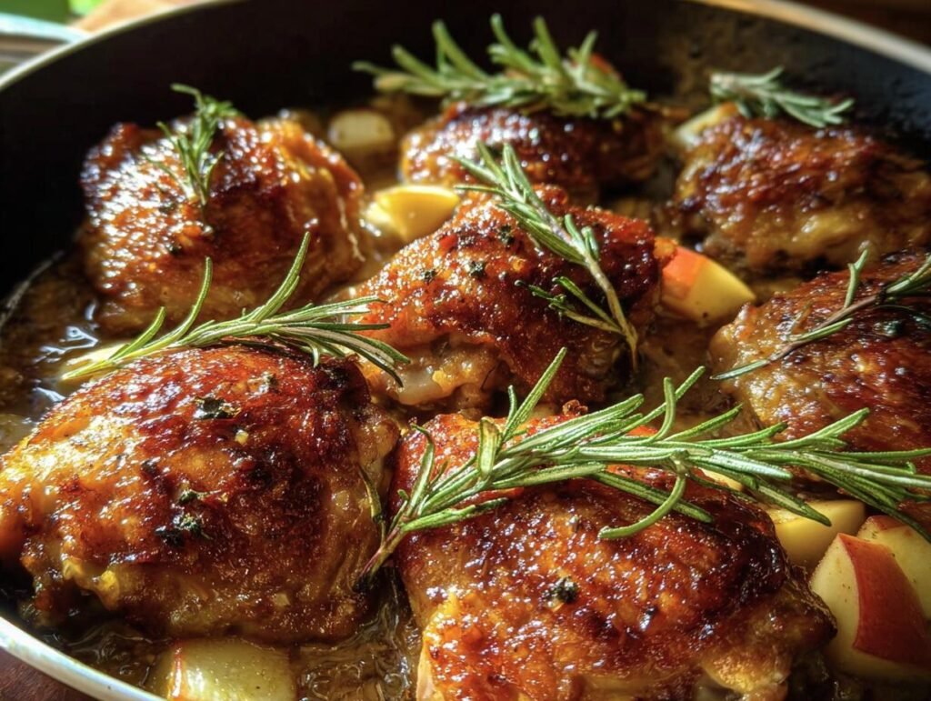 Close-up of Rosemary Apple Cider Chicken thighs in a skillet, garnished with fresh rosemary sprigs and apple slices.