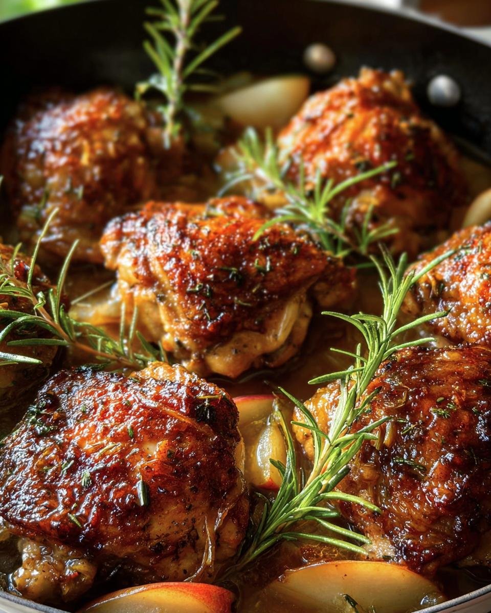 Close-up of Rosemary Apple Cider Chicken in a pan, garnished with fresh rosemary sprigs.