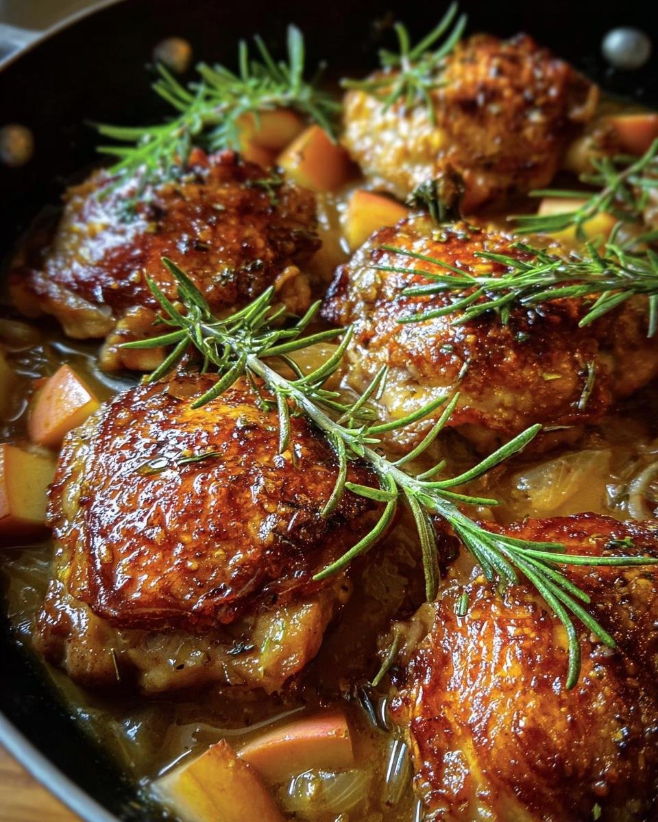 Close-up of Rosemary Apple Cider Chicken in a pan, garnished with fresh rosemary sprigs.