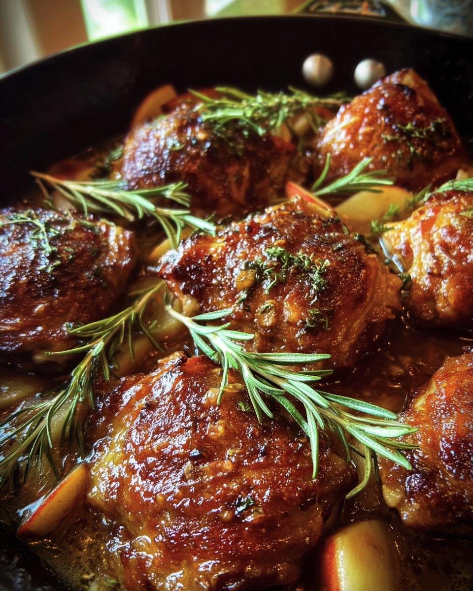 Close-up of Rosemary Apple Cider Chicken in a skillet, garnished with fresh rosemary sprigs.