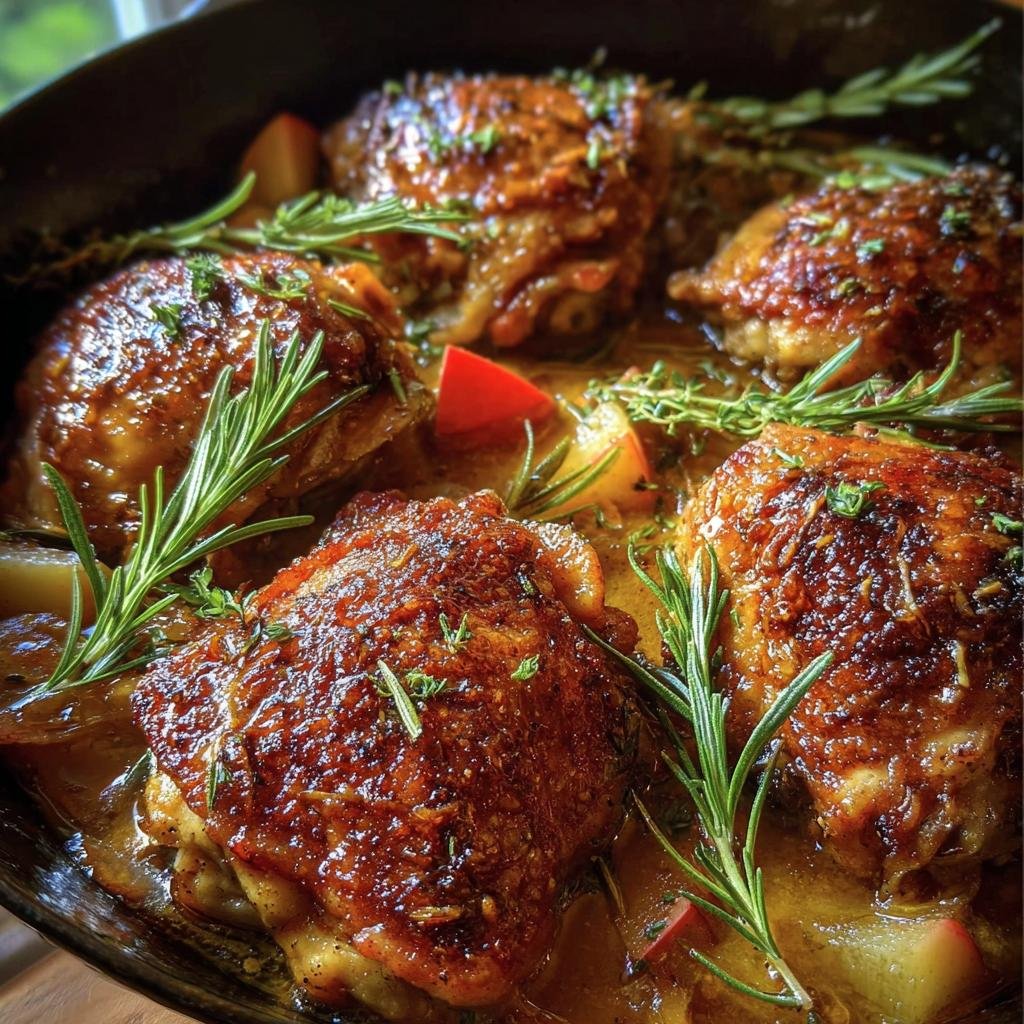 Close-up of Rosemary Apple Cider Chicken in a pan, garnished with fresh rosemary sprigs and apple chunks.