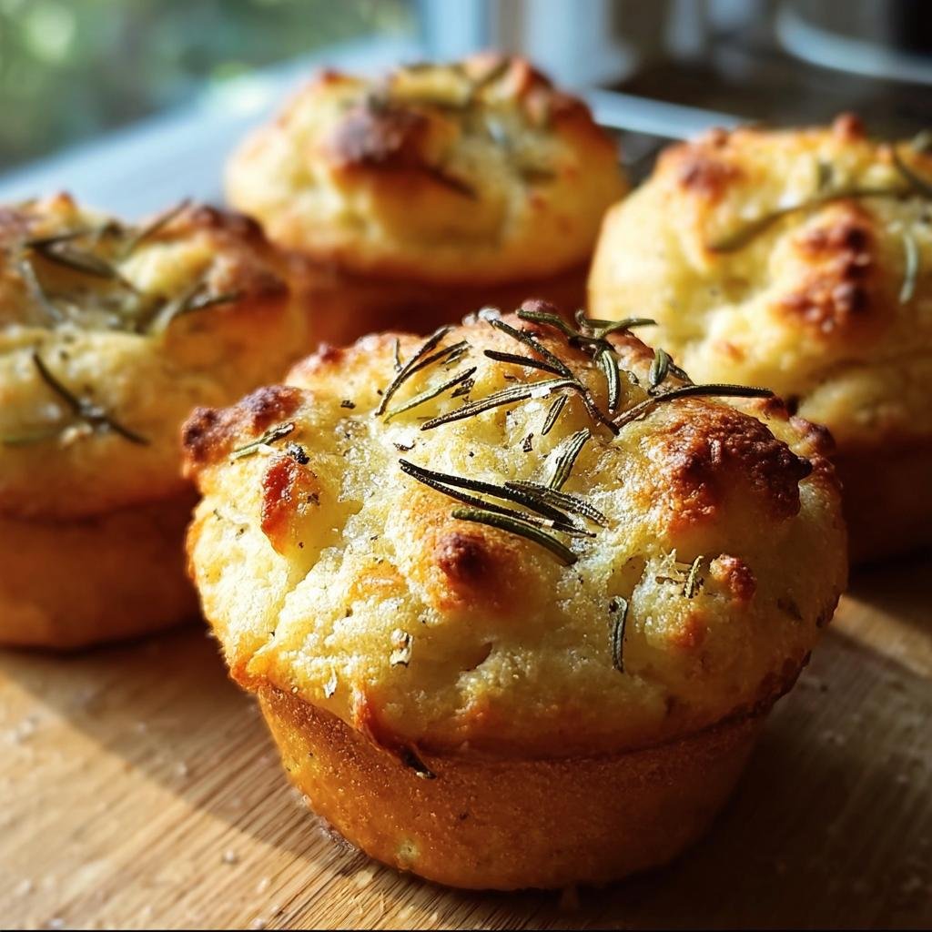 Four Rosemary Focaccia Muffins sit on a wooden board, topped with fresh rosemary.