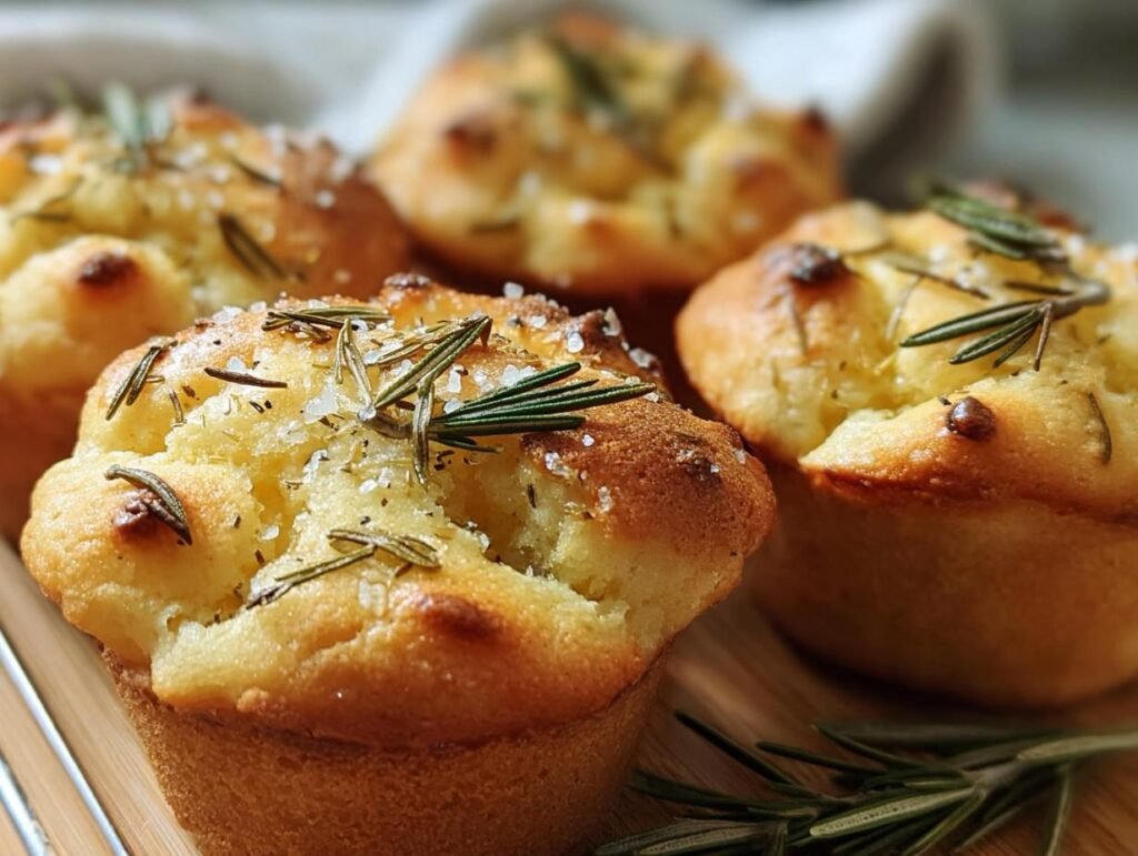 Close-up of Rosemary Focaccia Muffins, topped with rosemary and sea salt, on a wooden board.