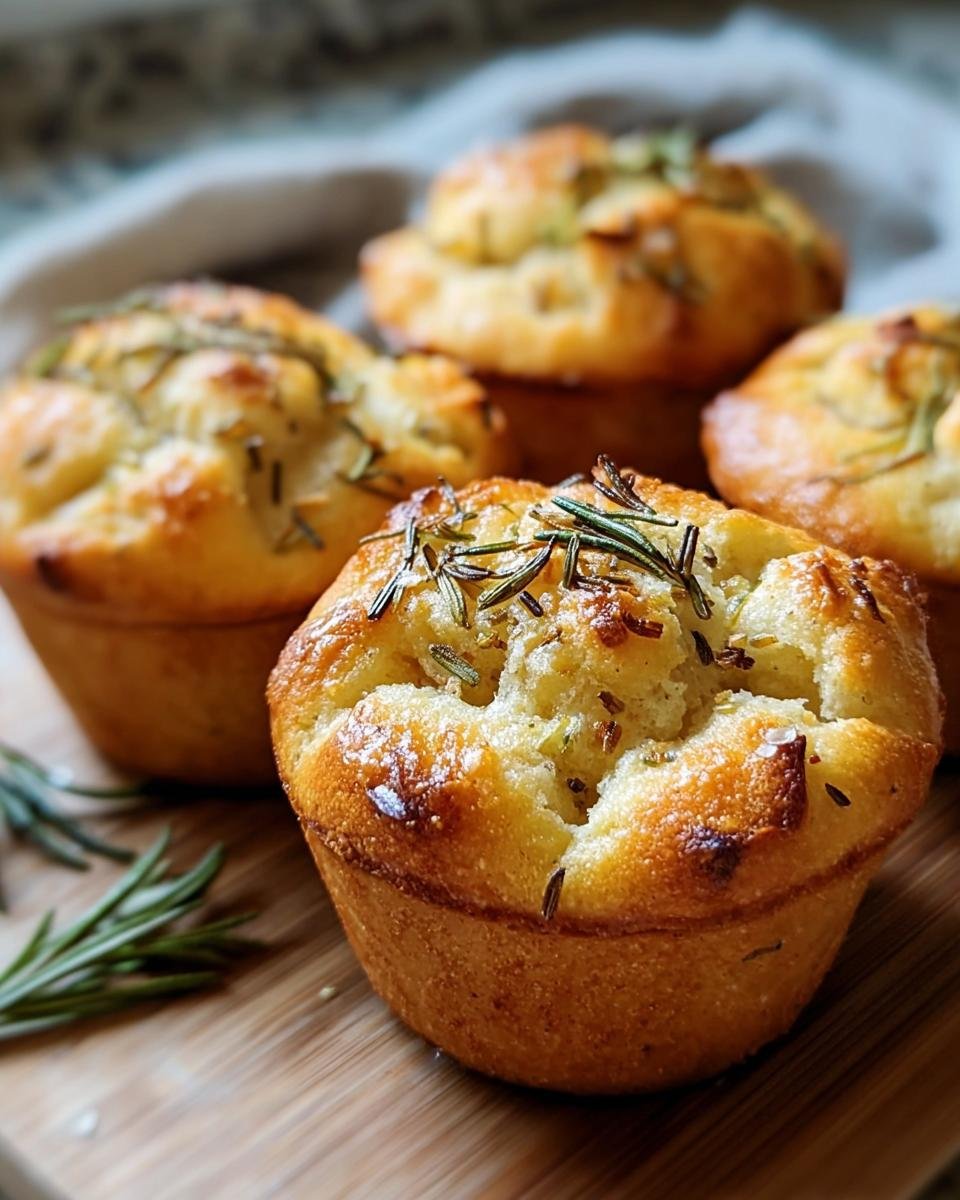 Close-up of freshly baked Rosemary Focaccia Muffins on a wooden board, garnished with rosemary sprigs.