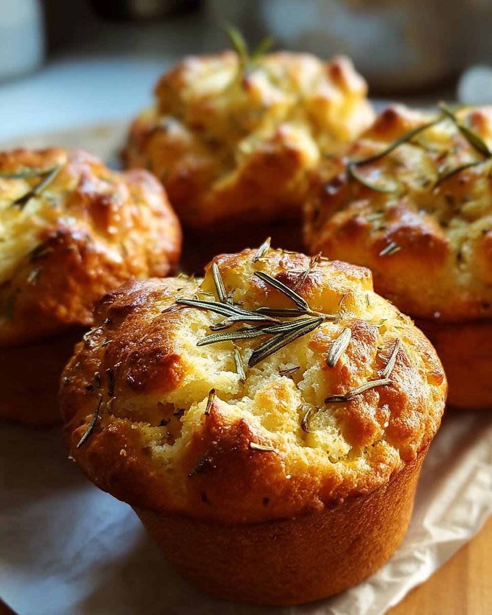 Close-up of freshly baked Rosemary Focaccia Muffins, garnished with rosemary sprigs.