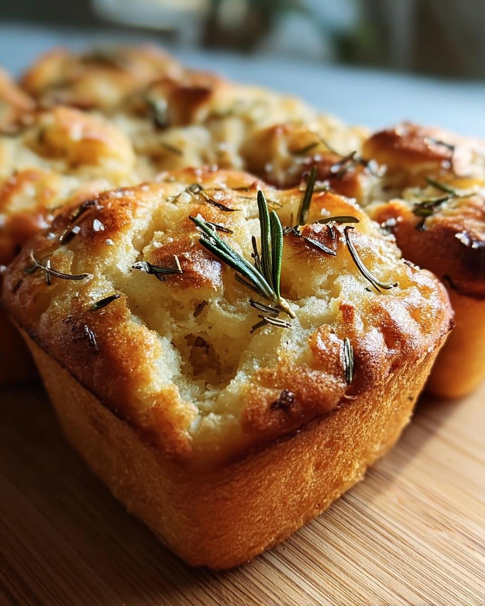 Close-up of a Rosemary Focaccia Muffin, showcasing the crust, rosemary sprigs, and sprinkle of salt.