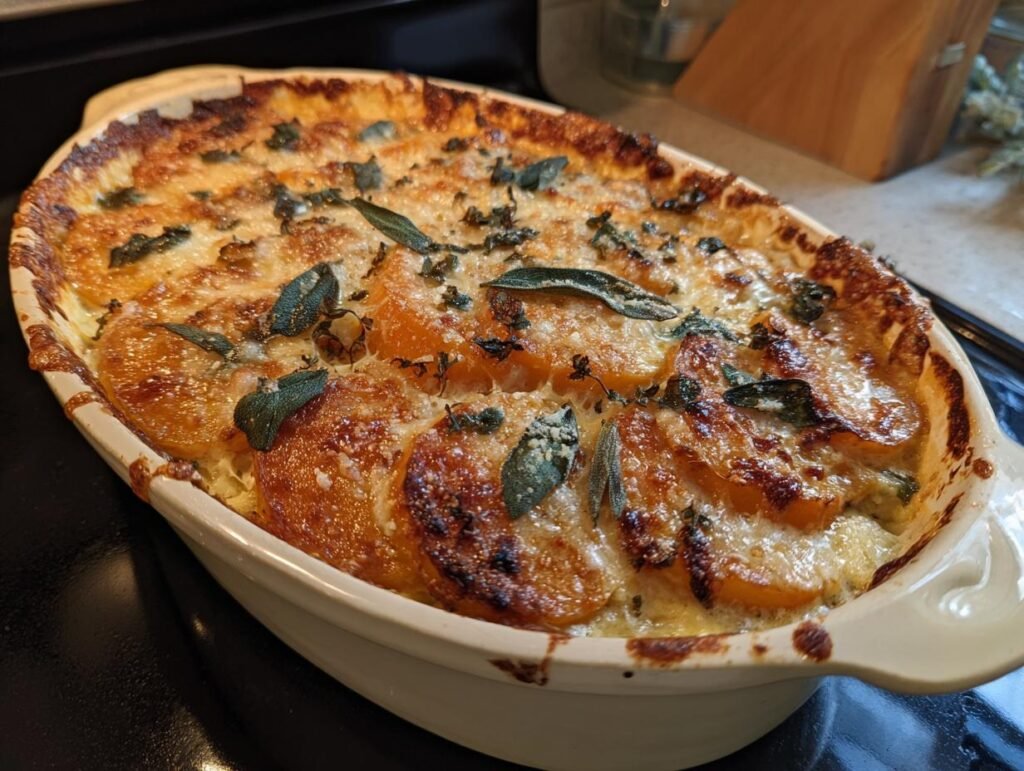Baked Sage Butternut Squash Gratin in a white ceramic dish, topped with fresh sage leaves.
