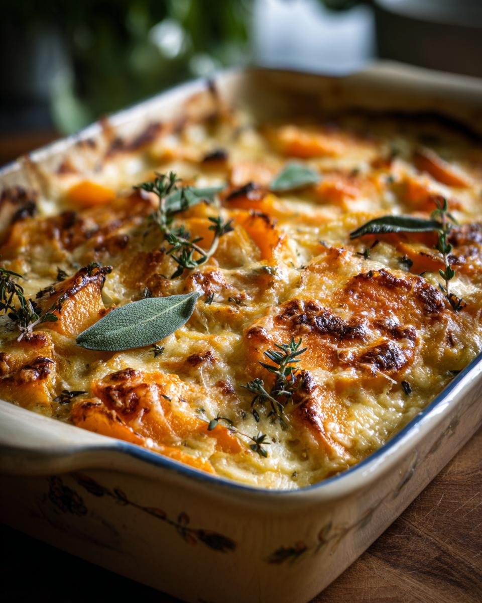 Close-up of Sage Butternut Squash Gratin in a baking dish, garnished with fresh sage and thyme.