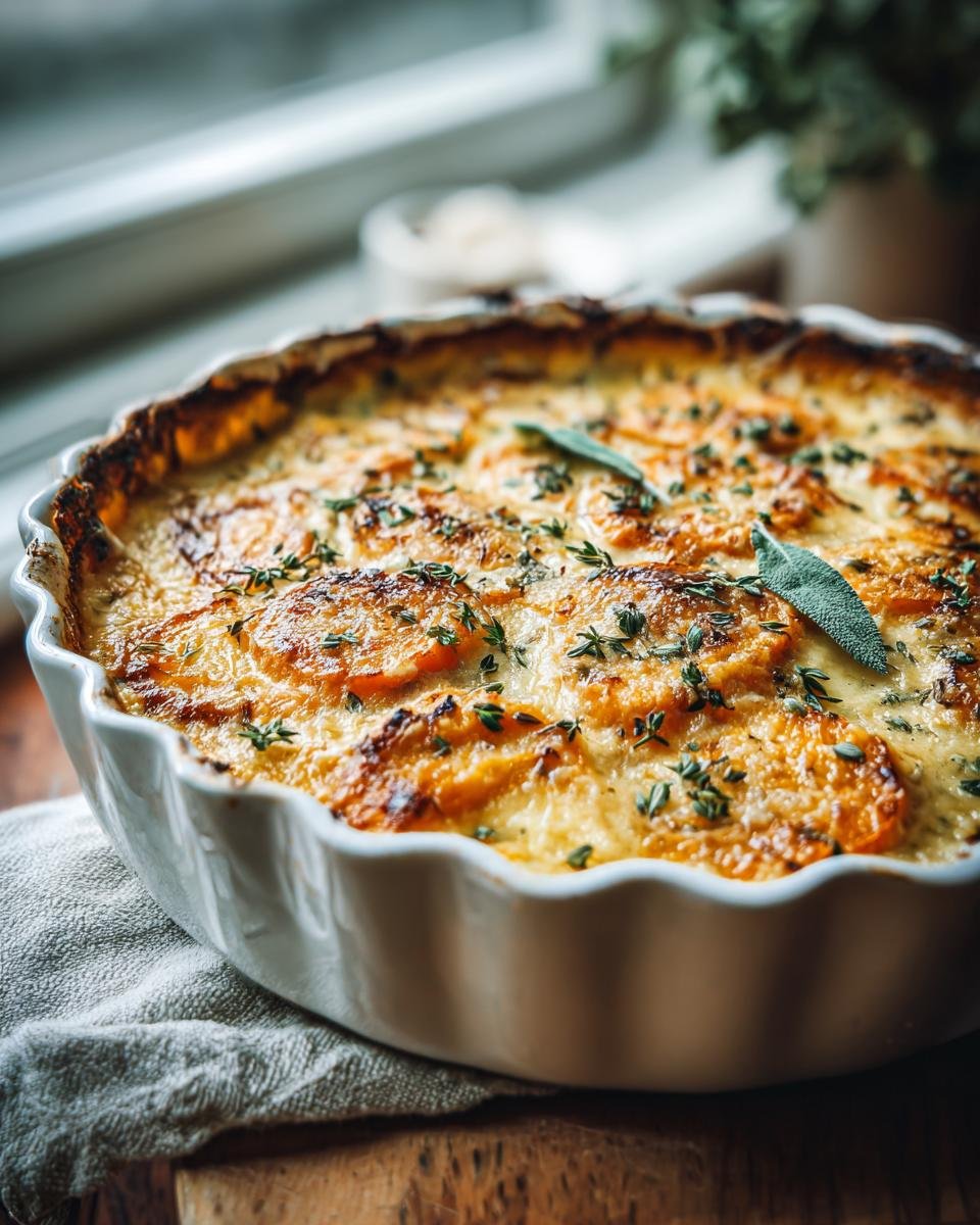 Close-up of a Sage Butternut Squash Gratin in a white baking dish, garnished with fresh sage and thyme.