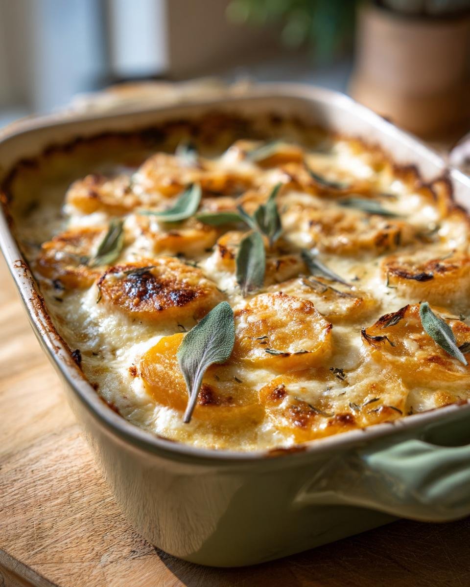 Close up of Sage Butternut Squash Gratin in a baking dish, garnished with fresh sage leaves.