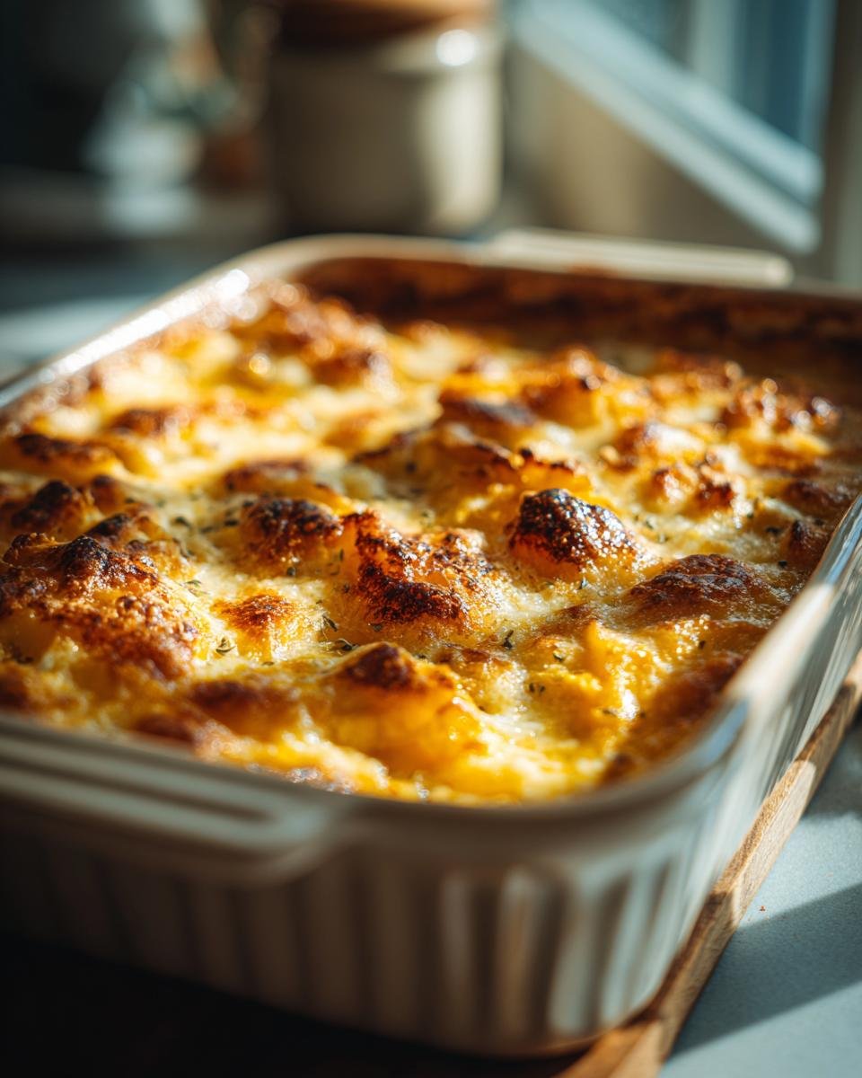 Close-up of a freshly baked Sage Butternut Squash Gratin in a white baking dish, showing the golden-brown top.