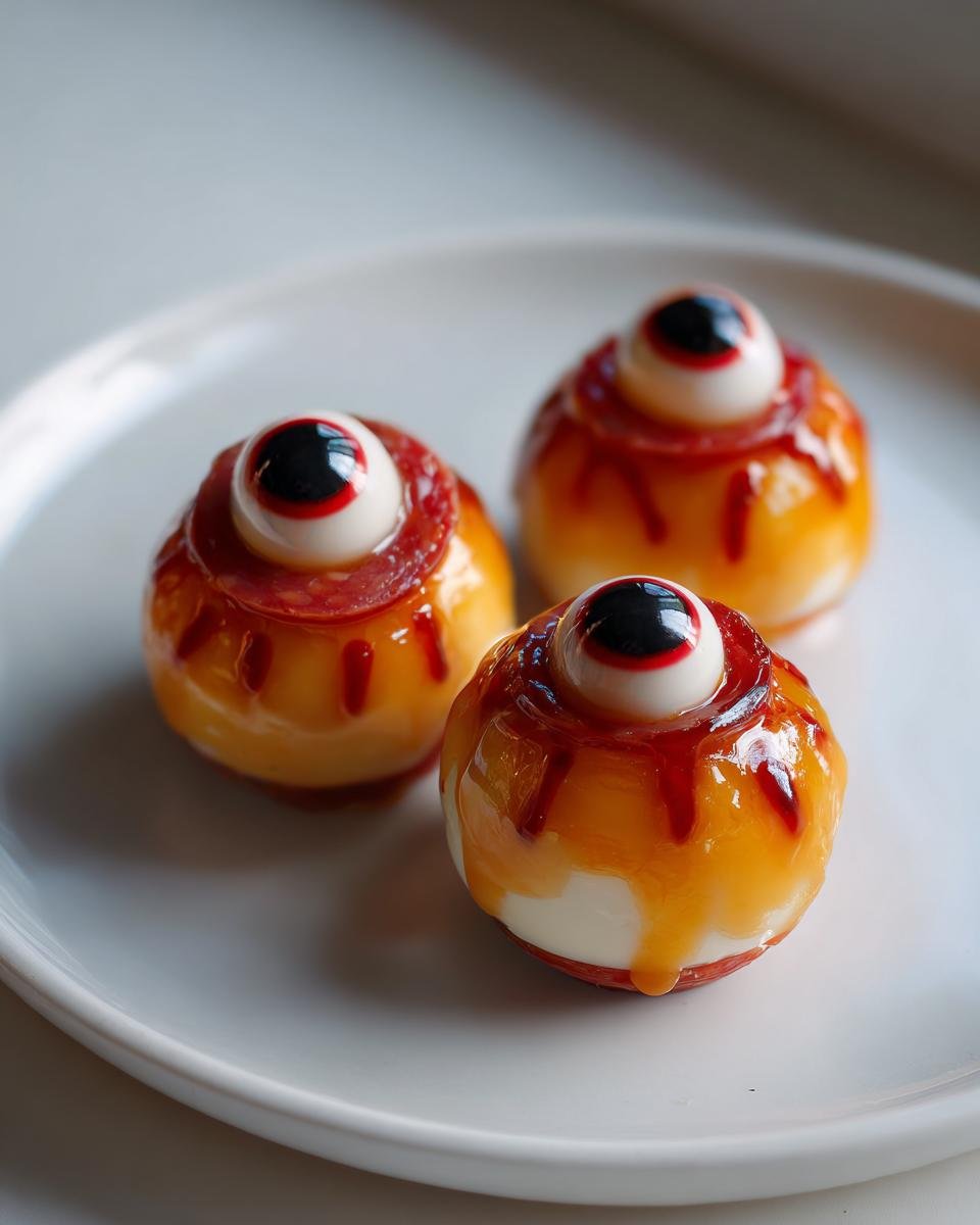 Three salami mozzarella eyeballs on a white plate, perfect for a Halloween treat.