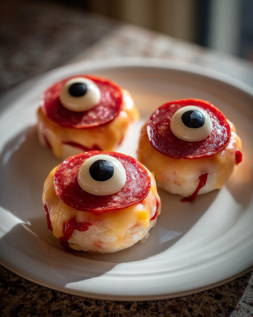 Three Salami Mozzarella Eyeballs appetizers on a white plate, ready to be served.