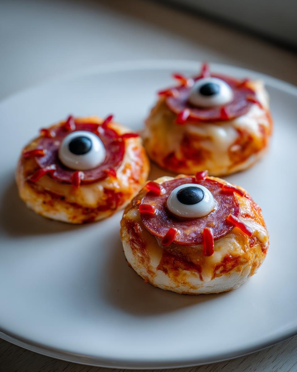 Three Salami Mozzarella Eyeballs appetizers on a white plate, perfect for a Halloween party.