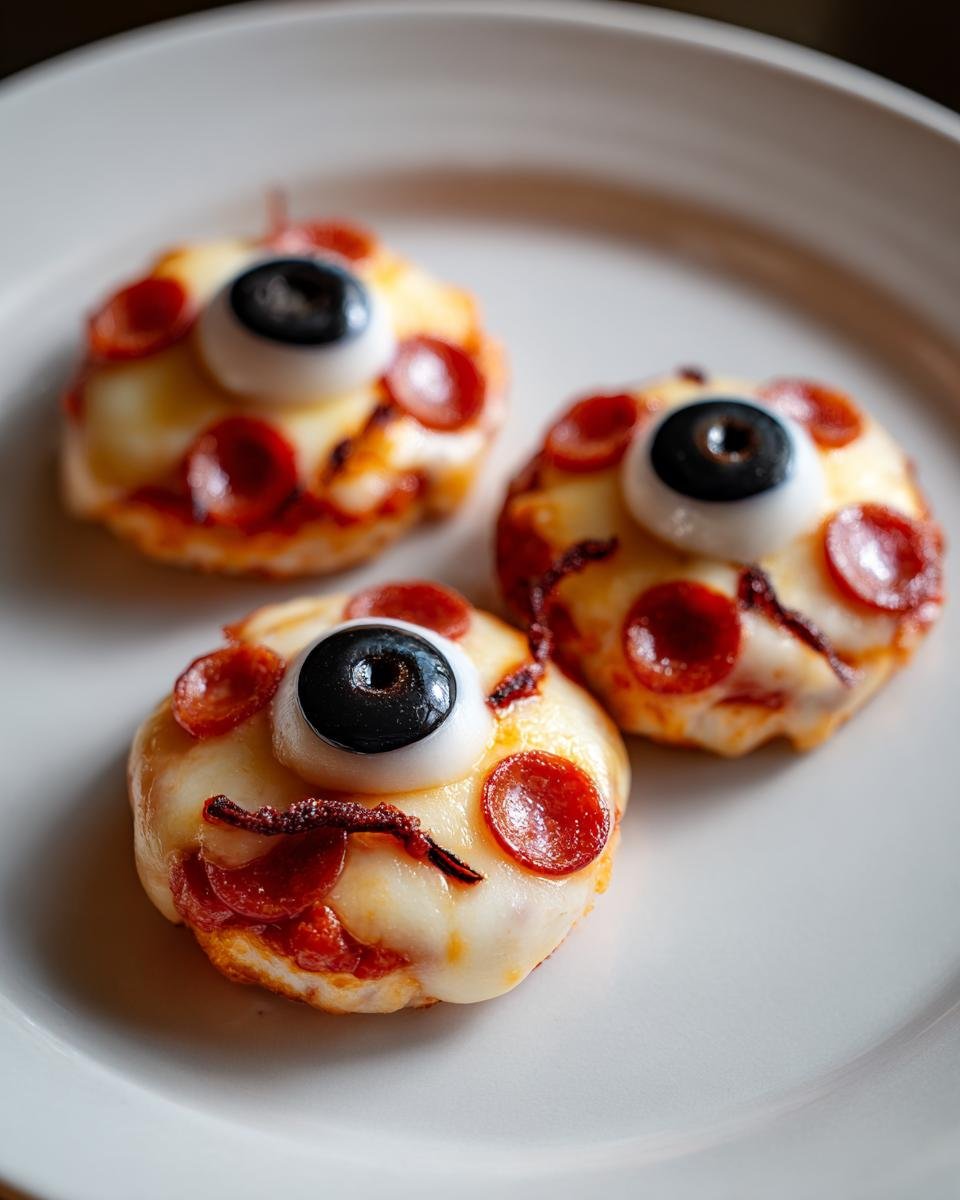 Three Salami Mozzarella Eyeballs appetizers on a white plate, perfect for Halloween.