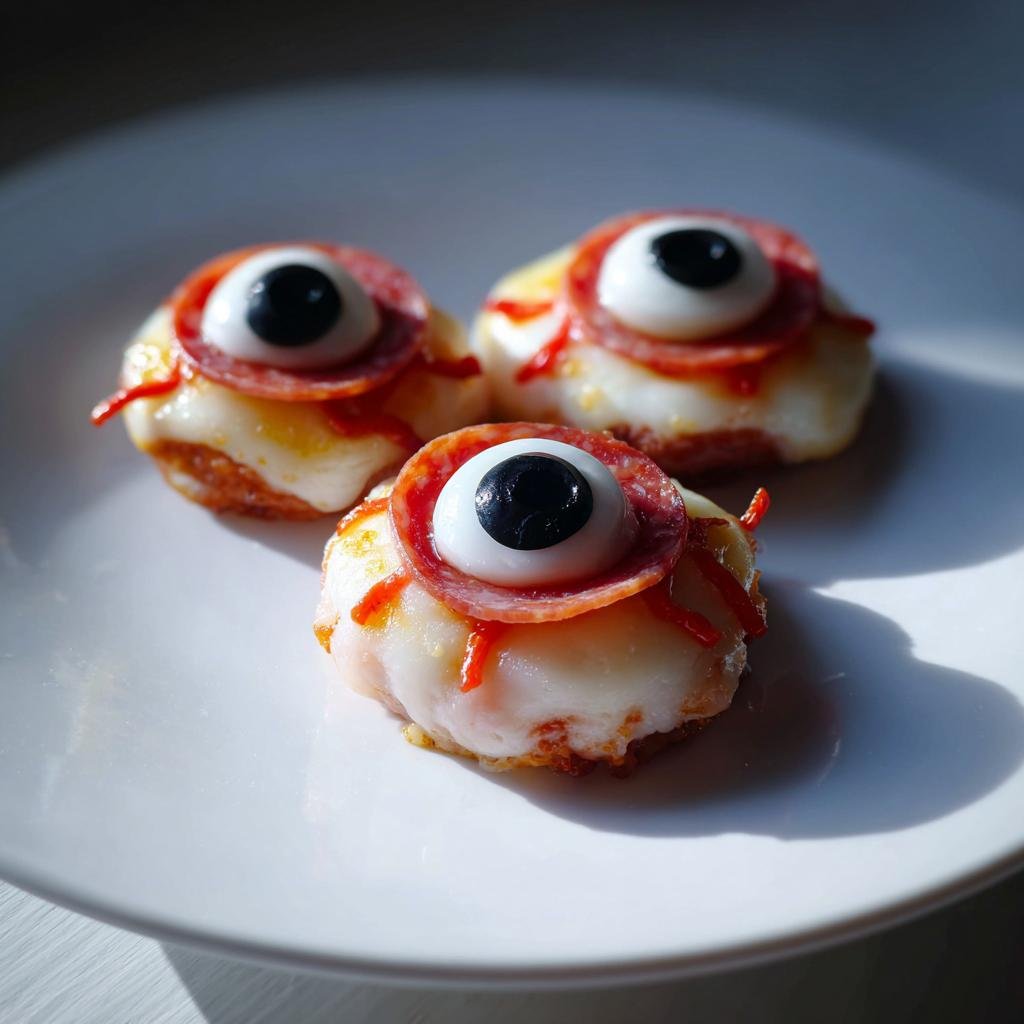 Three Salami Mozzarella Eyeballs appetizers on a white plate, perfect for Halloween.