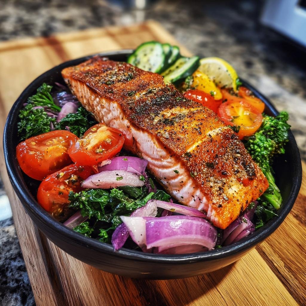 A vibrant Salmon Bowl featuring a perfectly cooked salmon fillet, fresh greens, tomatoes, red onion, and cucumber.