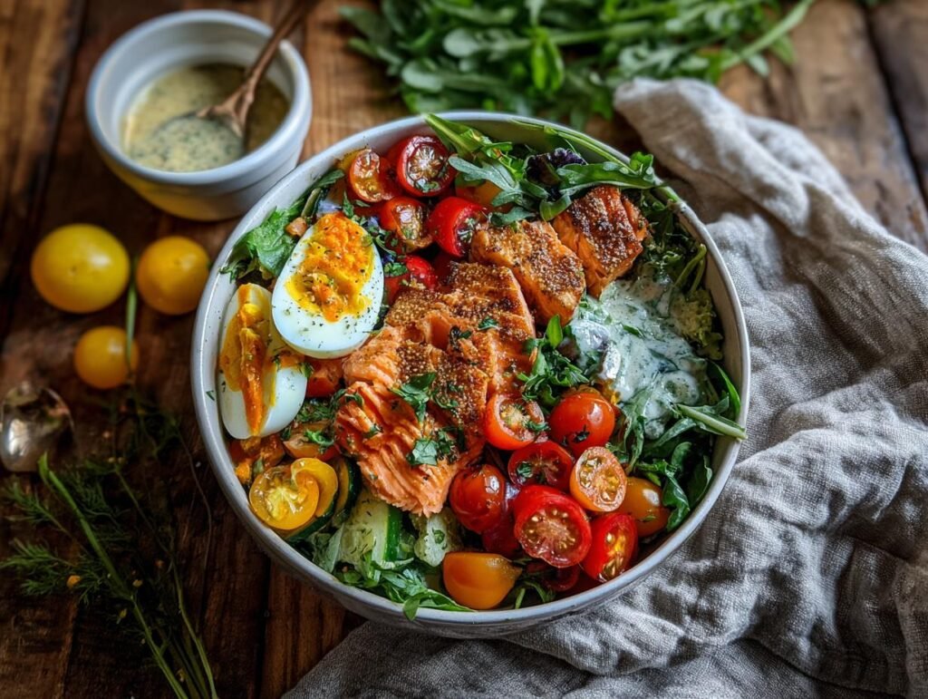 A vibrant Salmon Bowl featuring grilled salmon, greens, tomatoes, boiled egg, and a creamy dressing.