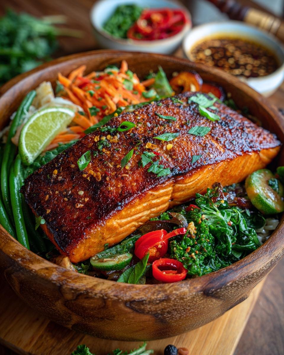 A vibrant Salmon Bowl featuring a perfectly cooked salmon fillet, rice, colorful vegetables, and a lime wedge.