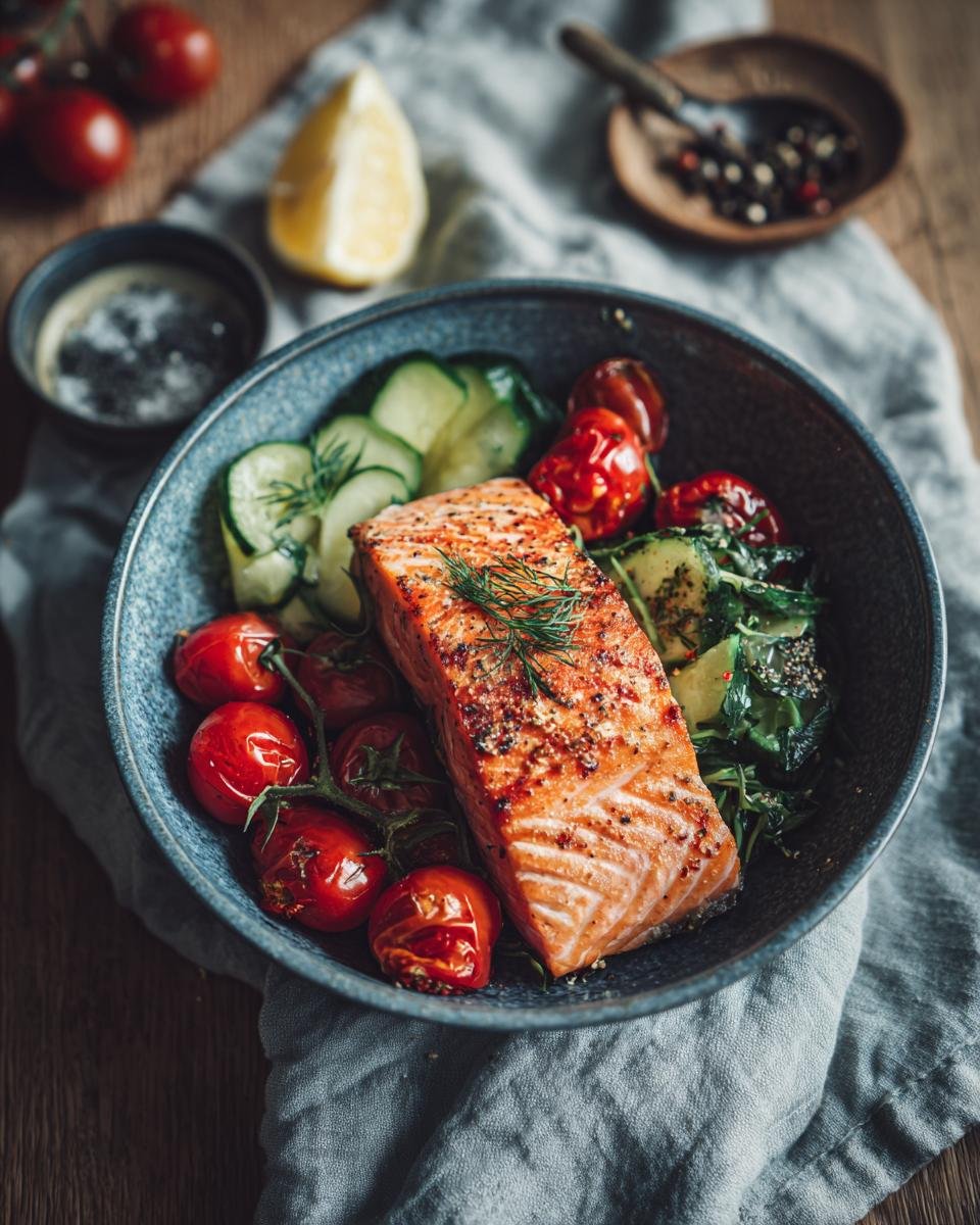 A flavorful Salmon Bowl featuring grilled salmon, cherry tomatoes, and cucumber, garnished with dill.
