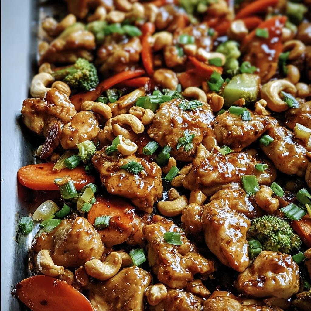 Close-up of Sheet Pan Cashew Chicken with carrots, broccoli, and cashews, garnished with green onions.
