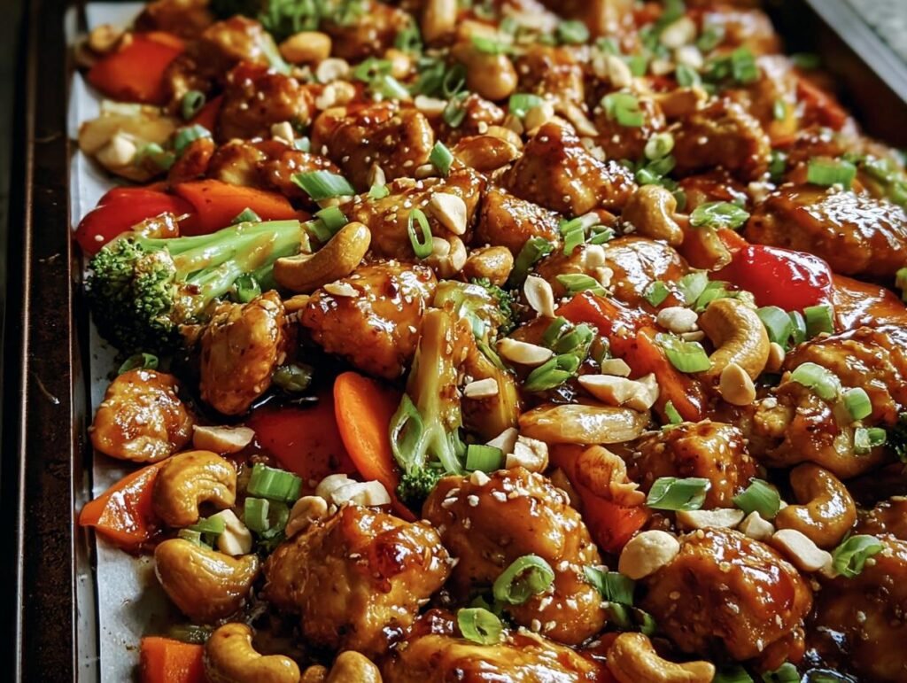 Overhead view of Sheet Pan Cashew Chicken with broccoli, peppers, carrots, and cashews.