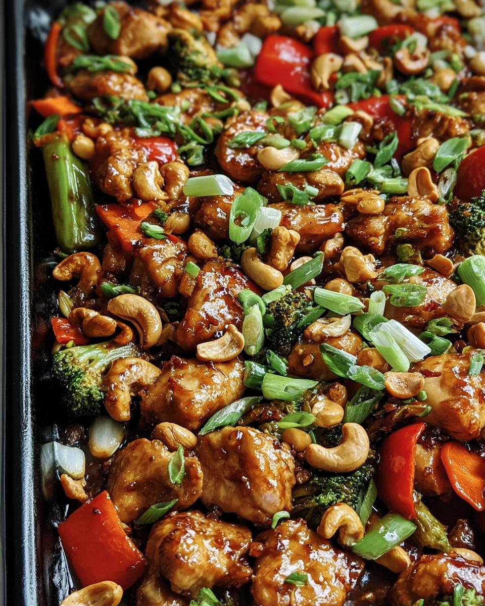 Overhead shot of Sheet Pan Cashew Chicken with red bell peppers, broccoli, and green onions.