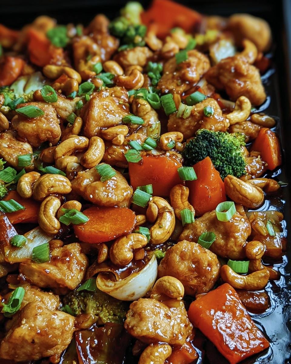 Overhead view of Sheet Pan Cashew Chicken with broccoli, carrots, onions, peppers, and cashews, garnished with green onions.