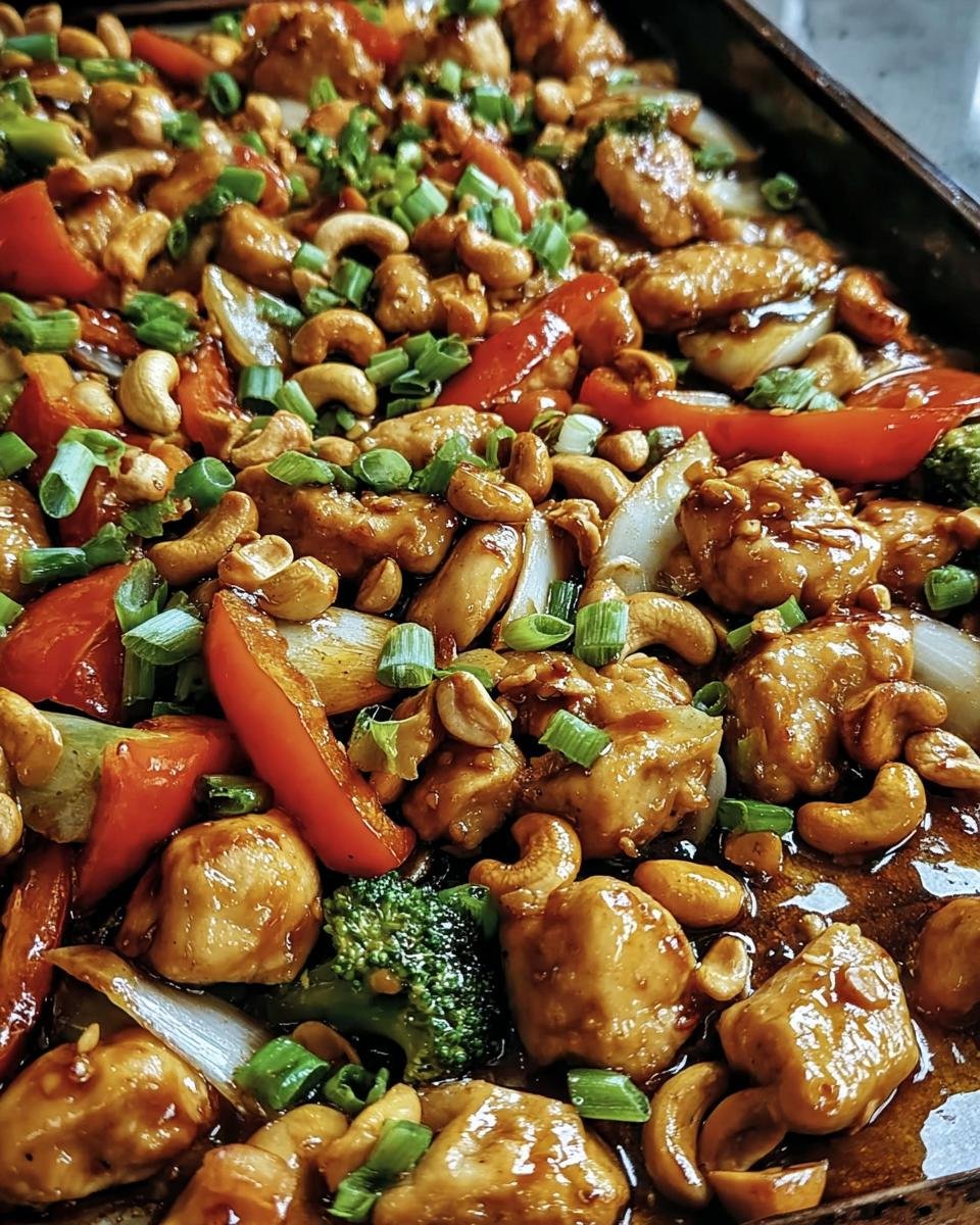 Overhead view of Sheet Pan Cashew Chicken with red peppers, broccoli, onions, and cashews, garnished with green onions.