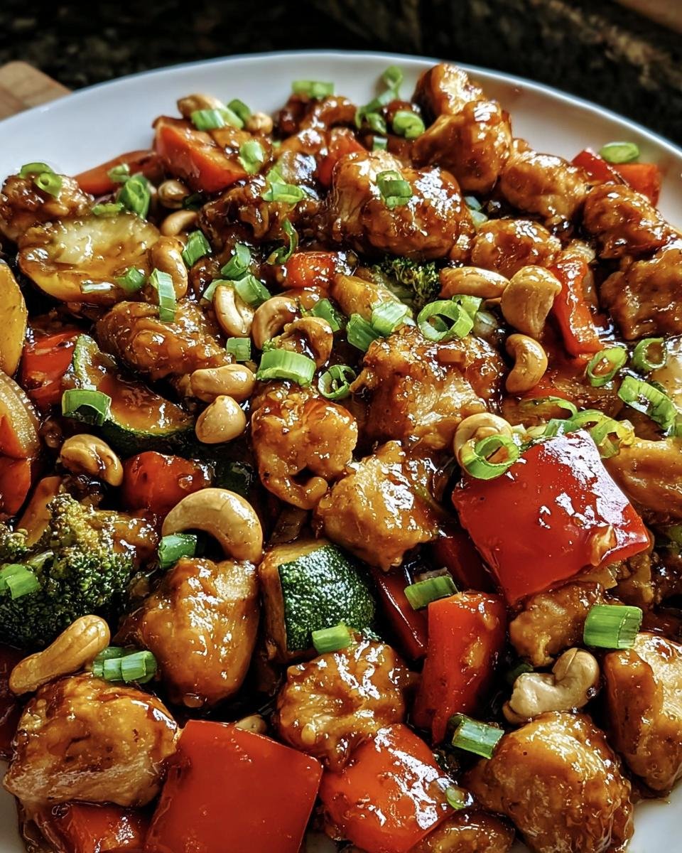 Close-up of Sheet Pan Cashew Chicken featuring chicken, cashews, zucchini, broccoli, peppers, and green onions.