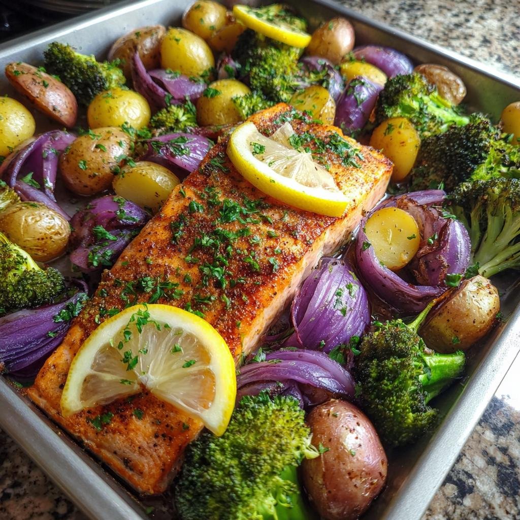 Sheet-Pan Salmon & Veggies: Salmon fillet with lemon, broccoli, potatoes, and red onions on a baking sheet.
