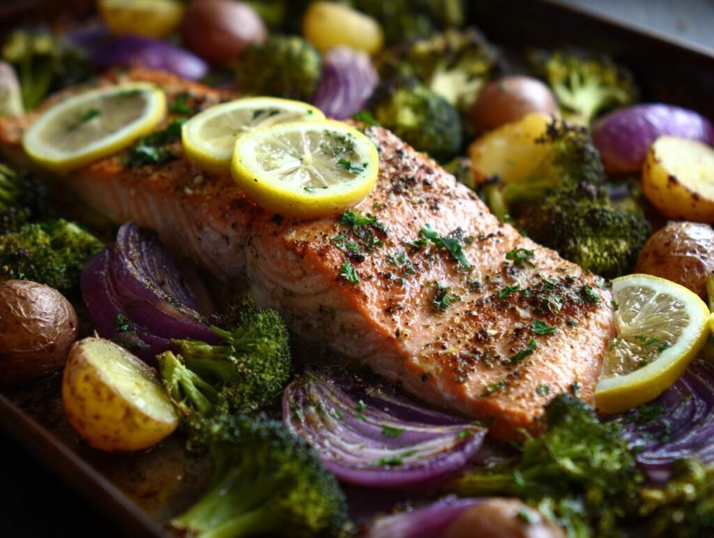 Sheet-Pan Salmon & Veggies: Salmon with lemon, broccoli, potatoes, and red onion on a baking sheet.