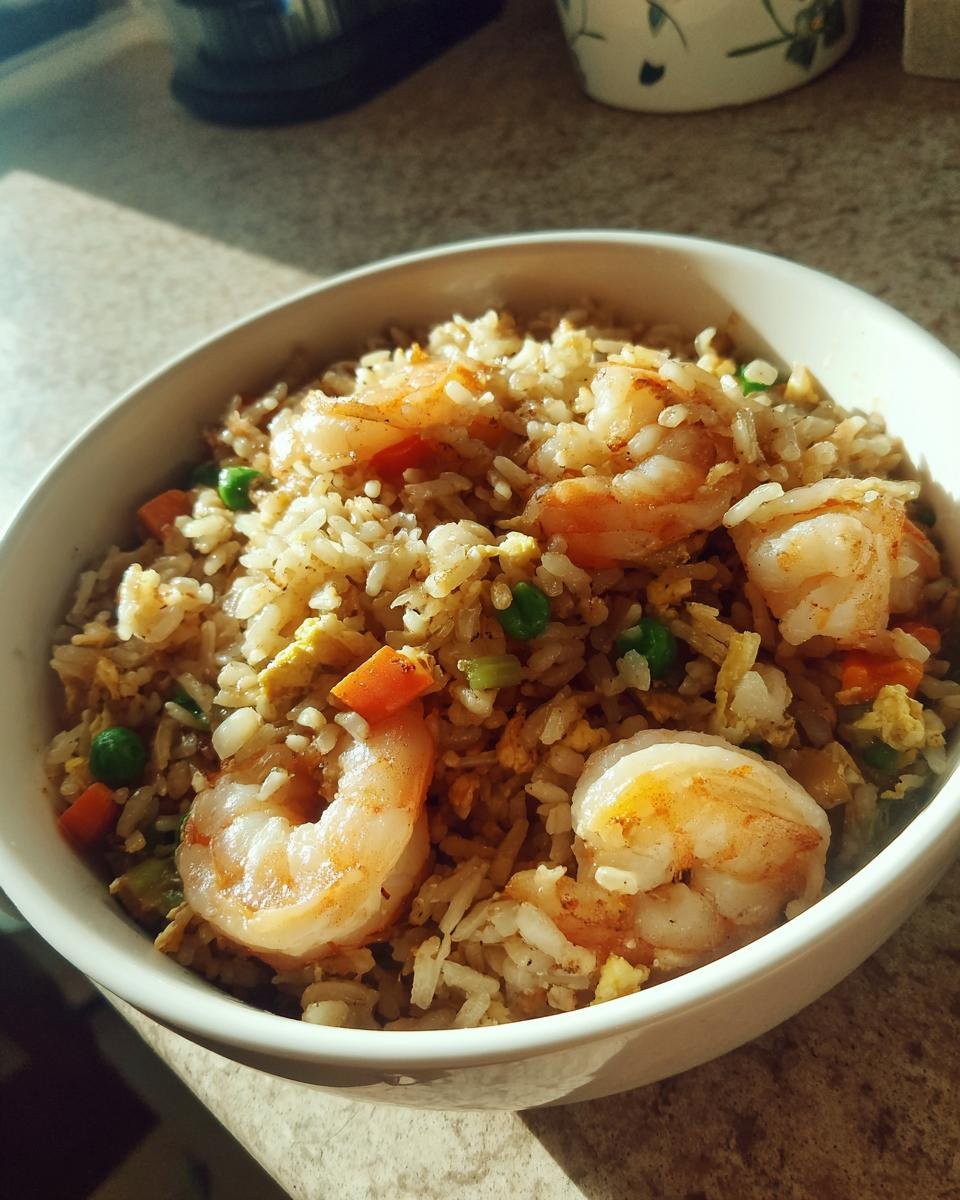 A bowl of Shrimp Fried Rice, featuring large shrimp, rice, peas, carrots, and scrambled egg.