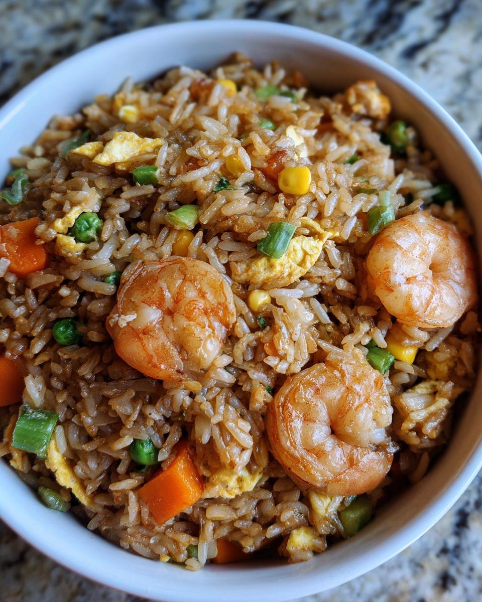 Bowl of Shrimp Fried Rice with shrimp, rice, carrots, peas, corn, and egg.