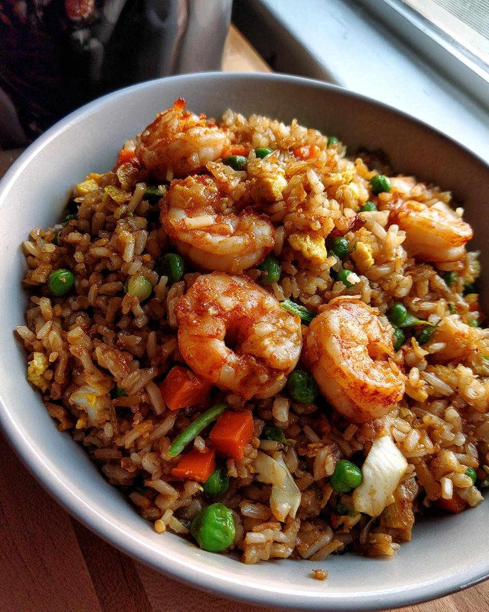 A bowl of Shrimp Fried Rice with shrimp, peas, carrots, and egg, ready to eat.