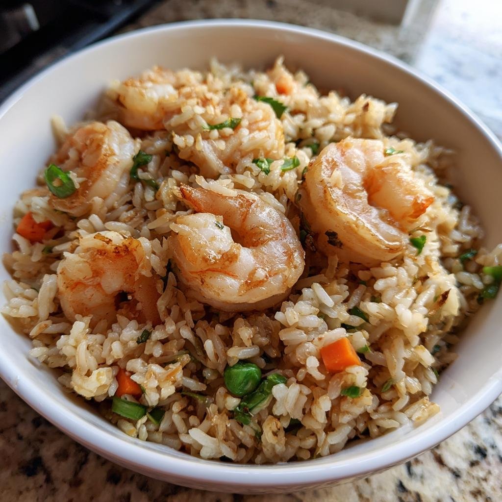 Bowl of Shrimp Fried Rice with large shrimp, rice, peas, carrots, and green onions.